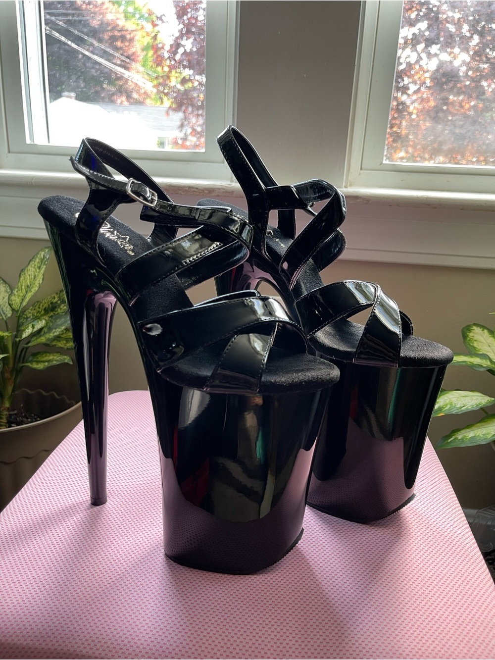 Pleaser Flamingo-831 Black Patent Criss-Cross Platform Sandals - 8 Inch Heel,